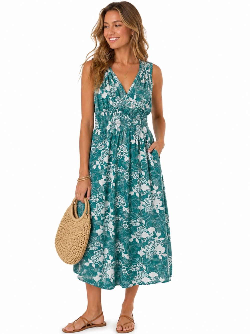 Raya Sun Teal White Floral Maxi Dress Empire Waist Sleeveless Medium